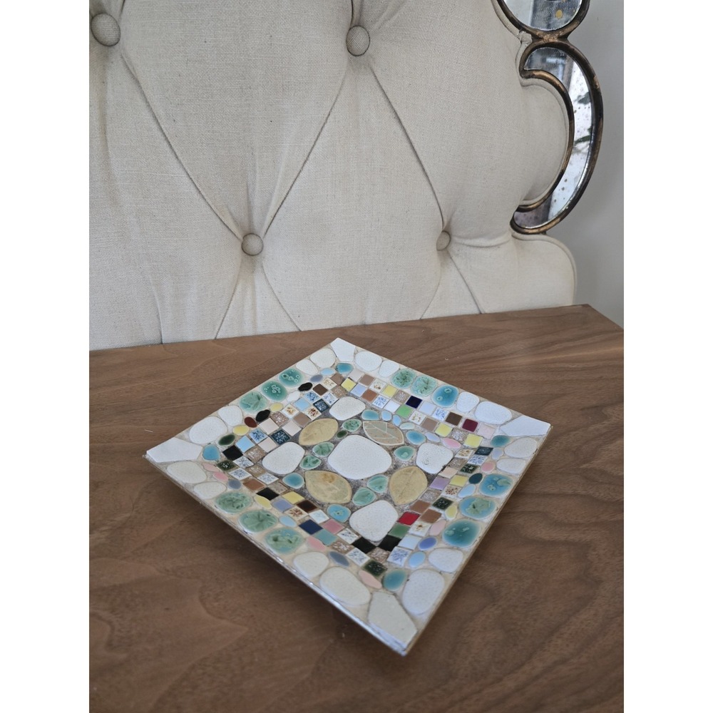 Mosaic square decorative trinket tray colorful tile leaf design 7.87"